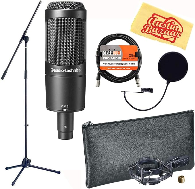 Audio-Technica AT2050 Multi-Pattern Condenser Microphone Bundle with Boom Stand Pop Filter XLR Cable and Austin Bazaar Polishing Cloth