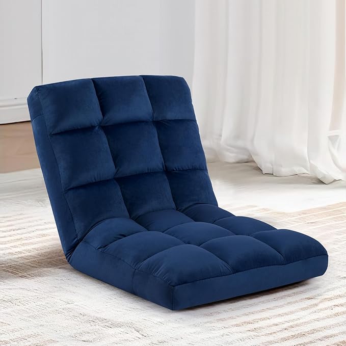Floor Chair 24 inches Wide Oversized Velvet Armless Lay Flat Floor seat Padded Meditation Chair with 6 Adjustable Position Ergonomic Comfortable Convenient(LRSF-013-NAVY)