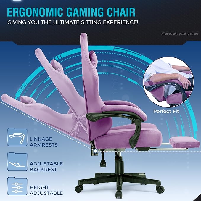 GTPLAYER Gaming Chair Fabric with Pocket Spring Cushion High Back Ergonomic Computer Chair with Footrest for Adults Lumbar Support Swivel Game Chair for Office Gaming 350LBS Light Purple