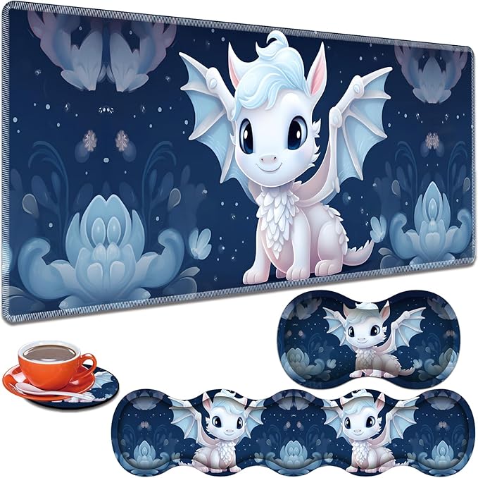 Large Gaming Table Pad 31.5 x 11.8 + Keyboard Wrist Pad + Mouse Wrist Pad + Coaster Non-Slip Base 4-in-1 Set Ergonomic Memory Foam Easy Typing Pain Relief Cute Little White Dragon