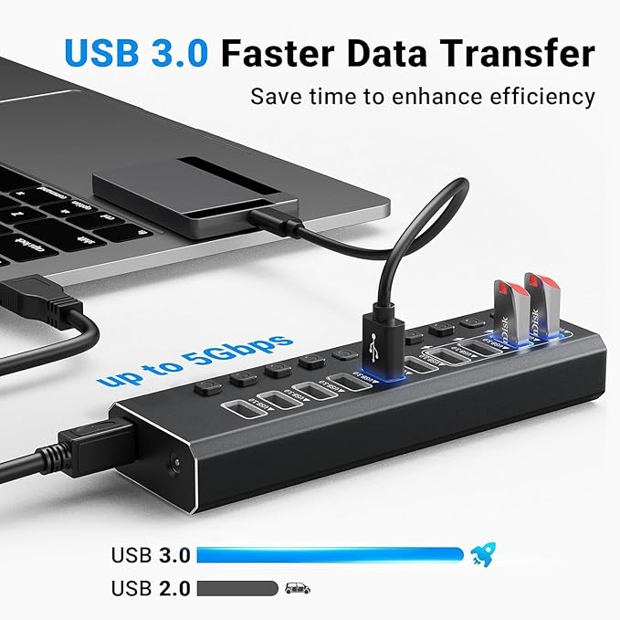 Powered USB 3.0 Hub Aluminum 10 Port USB 3.0 Data Hub with 12V/4A (48W) Power Adapter and Individual On/Off Switches &amp LEDUSB Extension for MacBook Mac Pro/Mini and More