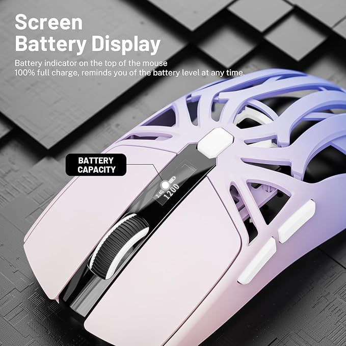 Wireless Gaming Mouse 10000 DPI Tri-Mode 2.4GHz/Bluetooth/Wired Mouse 6 Buttons Digital Display Silent Mice Rechargeable Customizable Macro and RGB Backlight for PC/Mac/Laptop (Purple)