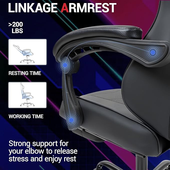 Gaming Chair with Footrest for Adults - PU Leather Massage Racing Video Game Chair w/Lumbar Support for Men Women Ernogomic Computer Game Chair for Home Office Height Adjustable Black