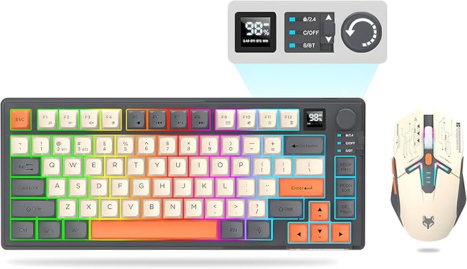 75 ％ Wireless Gaming Keyboard and Mouse Combo Tri-Mode BT5.0/2.4GHz/USB-C RGB Backlit Keyboard + 3D 1600DPI Mice 2000mAh Battery 80 Keys Knob Volume Control (Black)