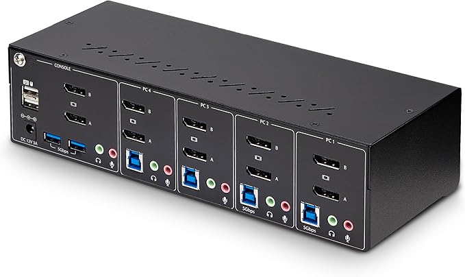 StarTech.com 4-Port Dual-Monitor DisplayPort KVM Switch 4K 60Hz 2X USB 5Gbps Hub Ports 2X USB 2.0 HID Ports Hotkey and Push-Button Switching TAA Compliant (P4DD46A2-KVM-SWITCH)
