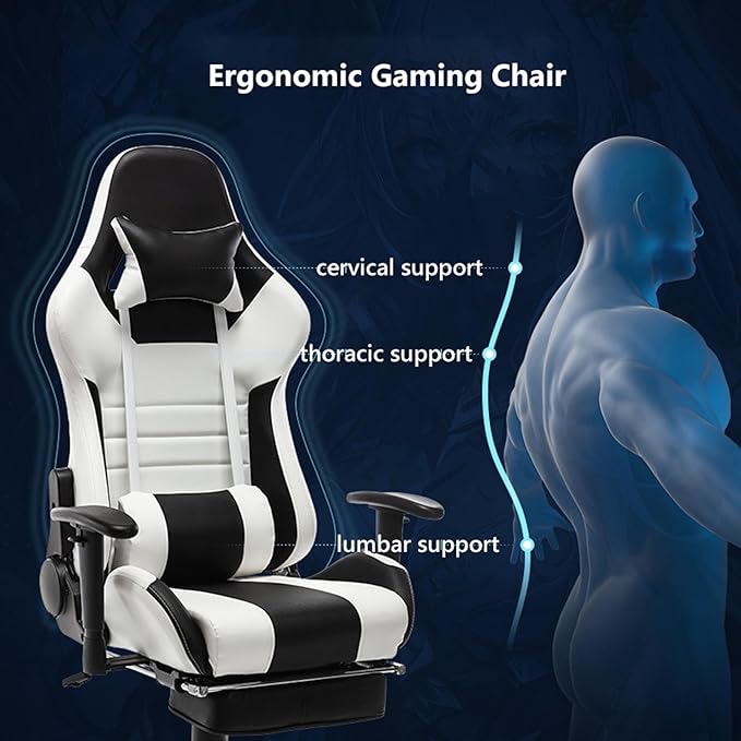 Ergonomic Gaming Chair Desk Chair Leather Computer Chair with Headrest and Lumbar Support Swivel Reclining Video Game Chair for AdultsBlack+WhiteHeight 124134C