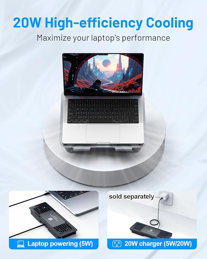 Laptop Cooling Pad with Detachable Fan &amp Cooler Adjustable Height &amp Angle 360 Rotation Base Carbon Steel Framework Ultra-Quiet &amp Super Sturdy for 15.6” Laptop DJ Mixer Workstation (Gr
