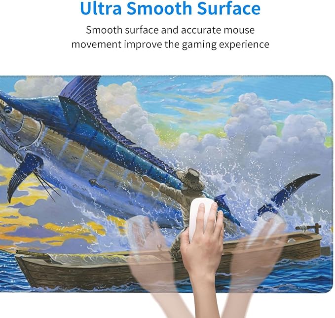 Old Man Blue Marlin Billfish Sportfishing Mar Gaming Mouse Pad Large 16x29.5 Inch - Non-Slip Desk Mat with Stitched Edges Durable Textured Rubber Base for Gaming