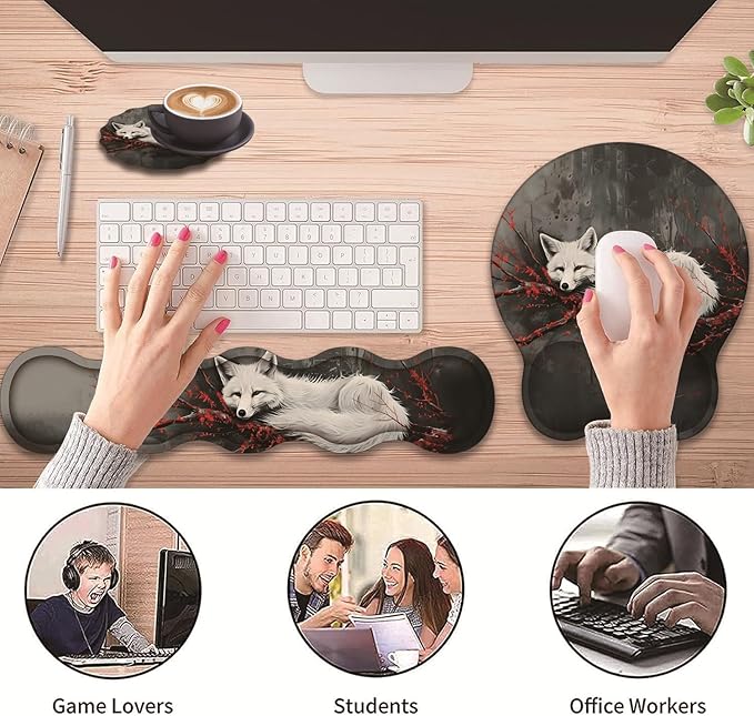 3 in 1 Keyboard Wrist Rest + Mouse Pad and Coaster Ergonomic Gel Mouse Pad and Keyboard Pad Set Comfortable Lightweight for Easy Typing Pain Relie Fox and Red Branch