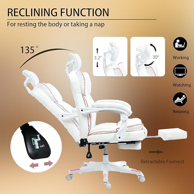 Gaming Chair with Footrest Modern Computer Gaming Chair High Back Ergonomic Reclining Swivel PU Leather Racing Seat for Adults Home Office White