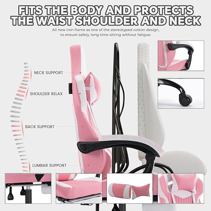 Computer Gaming Chair Game Chair for Adults with Retractable Footrest Adjustable Headrest Ergonomic High Back Racing Style Swivel Recliner for Teens Girls/Boys (Pink)