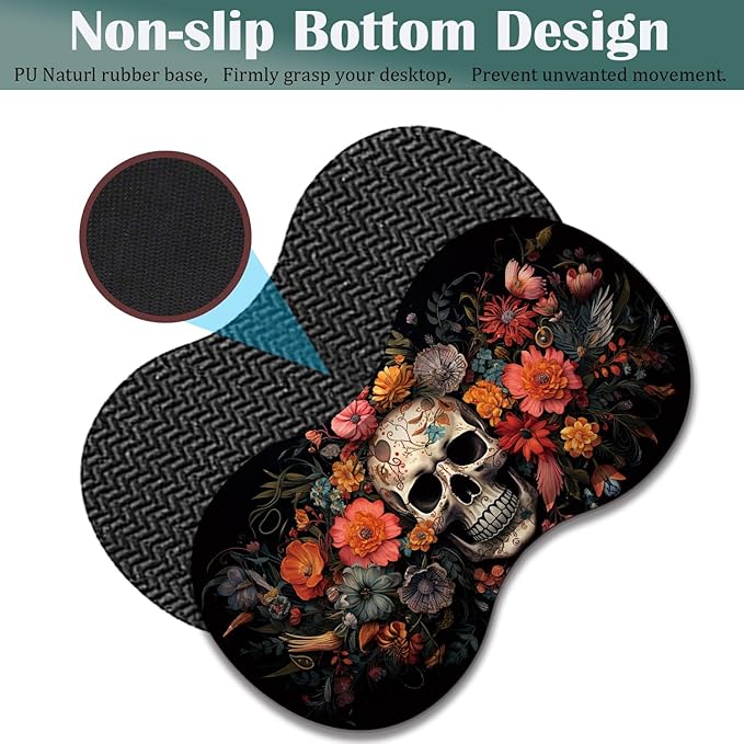 Large Game Mouse Pad + Wrist Support Pad + Coffee Coaster Desk Pad with Sewn Edges Anti-Slip Set pad Suitable for Office Work and Home - Skeleton Flower Skull
