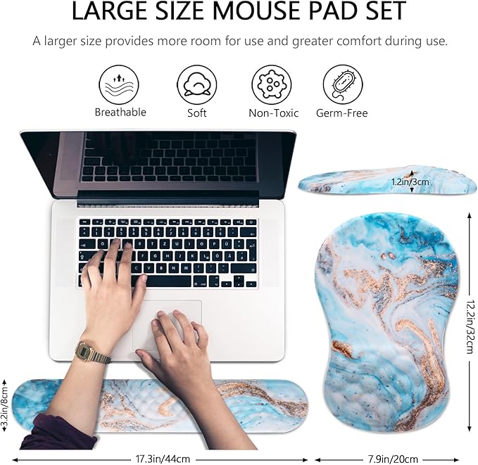 Mouse Pad Wrist Support Laokiiy 2 in 1 Keyboard Wrist Rest+ Ergonomic Mouse Pad Non-Slip Wrist Rest for Computer Keyboard Made Easy Typing &amp Relieve Wrist Pain(White Gold Beach Marble)