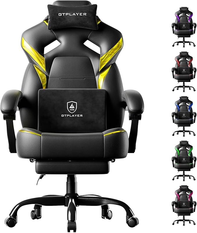 GTPLAYER Big and Tall Gaming Chair for Adults Ergonomic Office Chair with Footrest Heavy Duty 350 lbs Capacity High Back Premium Leather &amp Iridescent Trim ACE-Armor Yellow (Iridescent)