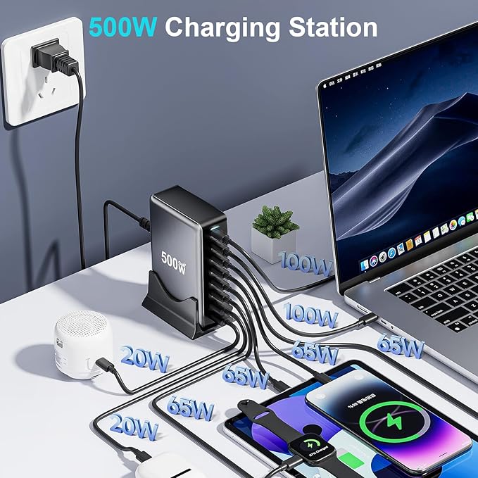 500W USB C Fast Charger Block Multi-port USB Charging Station GaN Ⅲ Double 100W PD PPS Port Fast Charging Station for Multiple DevicesLaptop Wall Charger Compatible with MacBook iPhone 17iPad etc