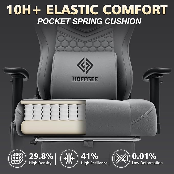 HOFFREE Gaming Chair Suede Fabric with Pocket Spring Cushion Massage Gaming Chairs with Footrest 350LBS Computer Office Chair for Adults Ergonomic Computer Chair with Lumbar Support Grey