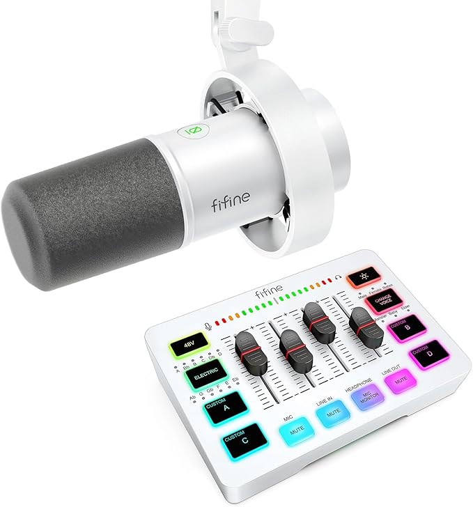 FIFINE Recording Microphone Pack with Gaming Audio Mixer XLR/USB Dynamic Microphone with Gain Knob Headphones Monitor Mute Button Streaming PC Mixer with Slider Fader XLR Interface (K688W+SC3W)