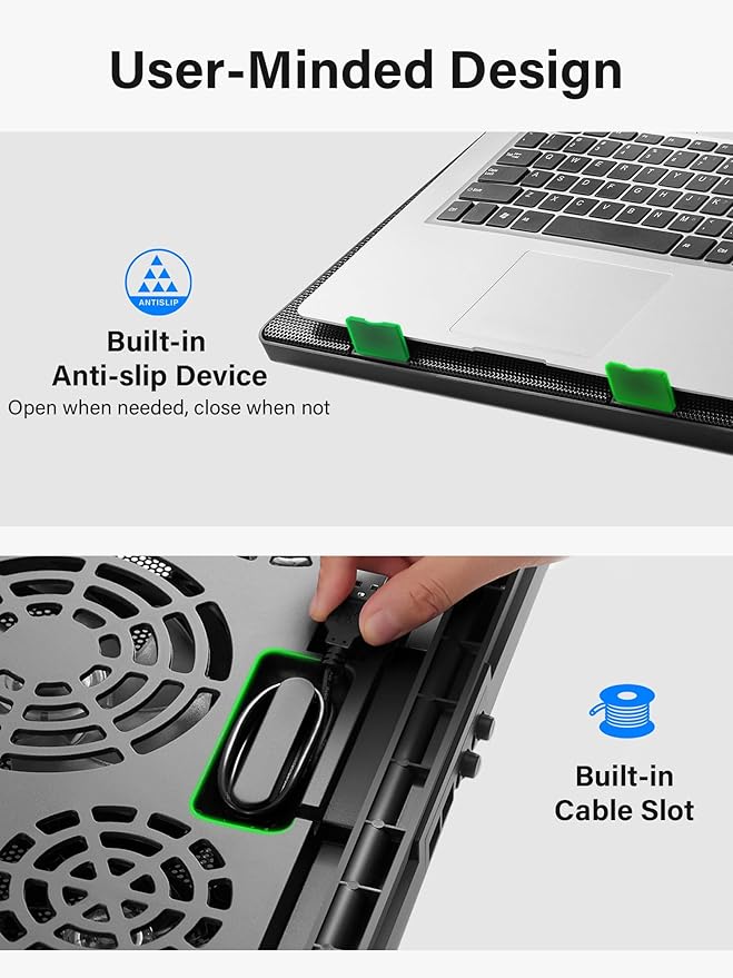 Kootek Laptop Cooling Pad Laptop Cooler with 5 Quiet Fans for 12-17 Computer PC Notebook Gaming Laptop Fan Height Adjustable Laptop Cooling Stand Laptop Accessories Green