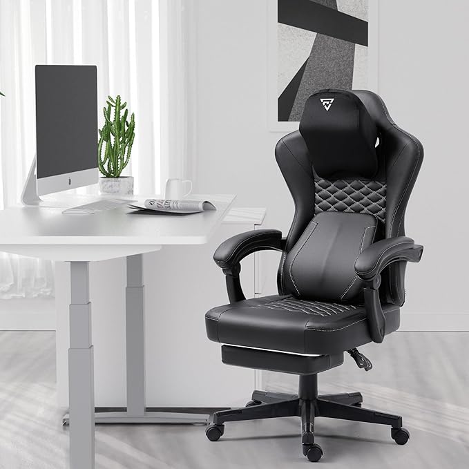 Gaming Chair with Footrest and Heating Massage Ergonomic Video Game Chair 360° Swivel Computer Office Chairs with Adjustable Height &amp Headrest &amp Lumbar Pillow 350 Lbs (Black)