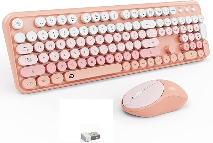 Wireless Keyboard and Mouse Combo 2.4 GHz Full-Sized Wireless Keyboard Mouse with Round Keycaps for Windows Computer Desktop PC Laptop (GradientPink)