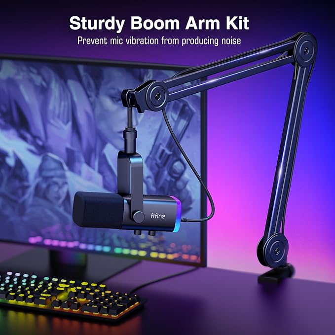 FIFINE XLR/USB Microphone and Heavy Duty Boom Arm Kit PC Computer Gaming Streaming Mic with RGB Light Mute Button Headphones Jack Microphone Arm Stand Bundle for Podcast Recording (AM8+BM63)