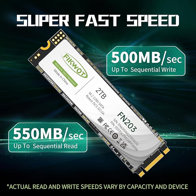 FN203 M.2 SATA SSD - SLC Cache 3D NAND TLC SATA III 6Gb/s M.2 2280 NGFF Internal Solid State Drive Up to 550MB/s Compatible with Ultrabooks Tablet Computers and Mini PCs (2TB)