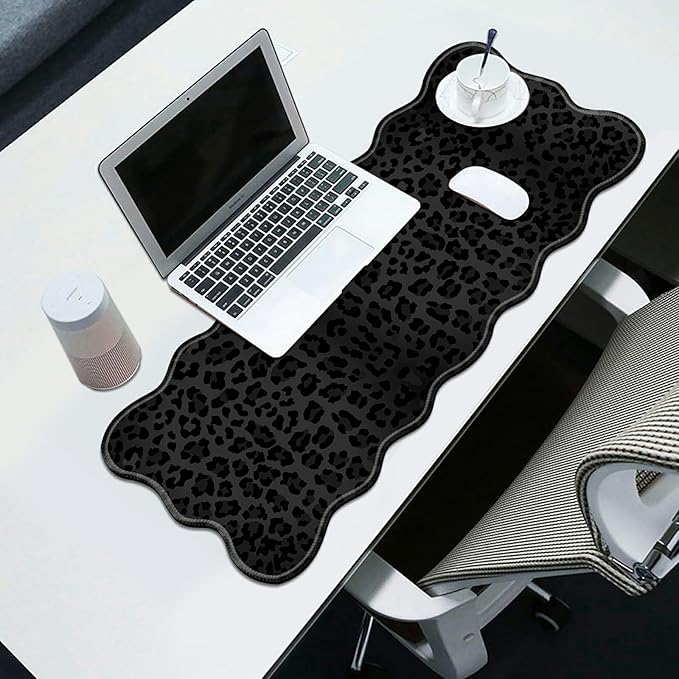 Black Leopard Print Desk Mat Mouse Pad 31.5 x11.8 XL Extended Mousepad Huge Mouse Pads with Stitched Edges Desk Pad for Work Game Office Home