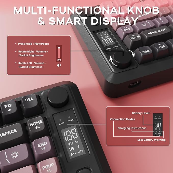 M75 Wireless Gaming Keyboard Mechanical Feel Membrane with Knob &amp OLED Display Bluetooth/2.4Ghz Rainbow Backlit Gradient PBT Keycaps 2000mAH Battery Anti-Ghosting-Pink