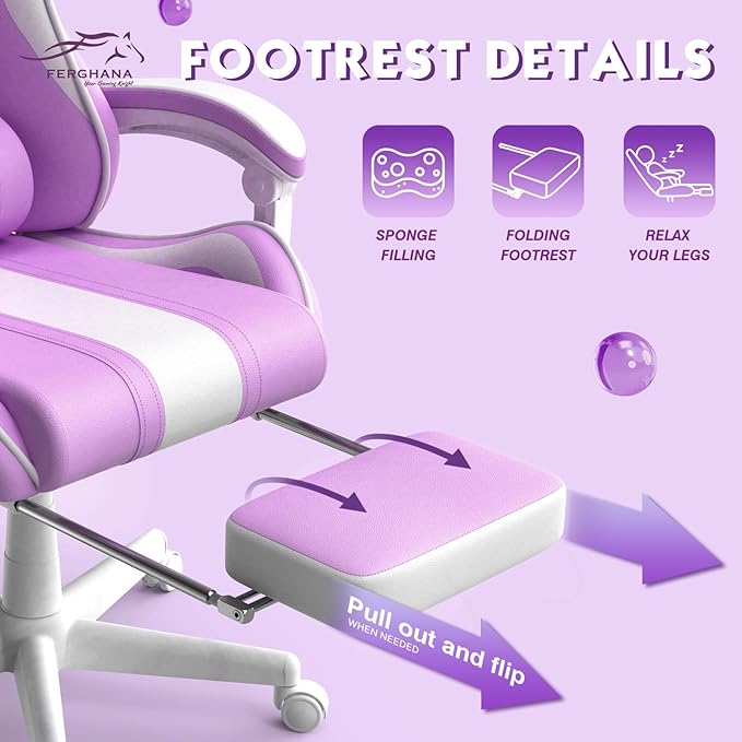 Ferghana Kawaii Light Purple Gaming Chair with Bunny Ears Ergonomic Cute Gamer Chair with Footrest and Massage Racing Reclining Leather Computer Game Chair 250lbs for Girls Adults Teens Kids