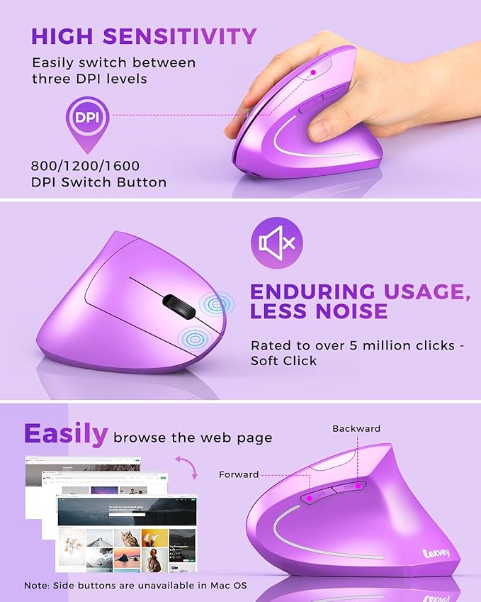 Lekvey Ergonomic Mouse Wireless Vertical Mouse Rechargeable 2.4 GHz Optical Carpal Tunnel Mice : 800/1200 / 1600 DPI 6 Buttons for Laptop PC Mac Computer Desktop Notebook etc Purple