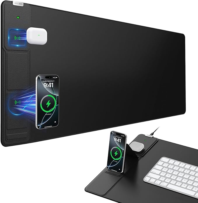 Wireless Charging Mouse Pad with Foldable Phone Holder 31.5x15.8 Large Desk Mat for Laptop/Keyboard Waterproof Ultra-Smooth Surface Non-Slip Base Black