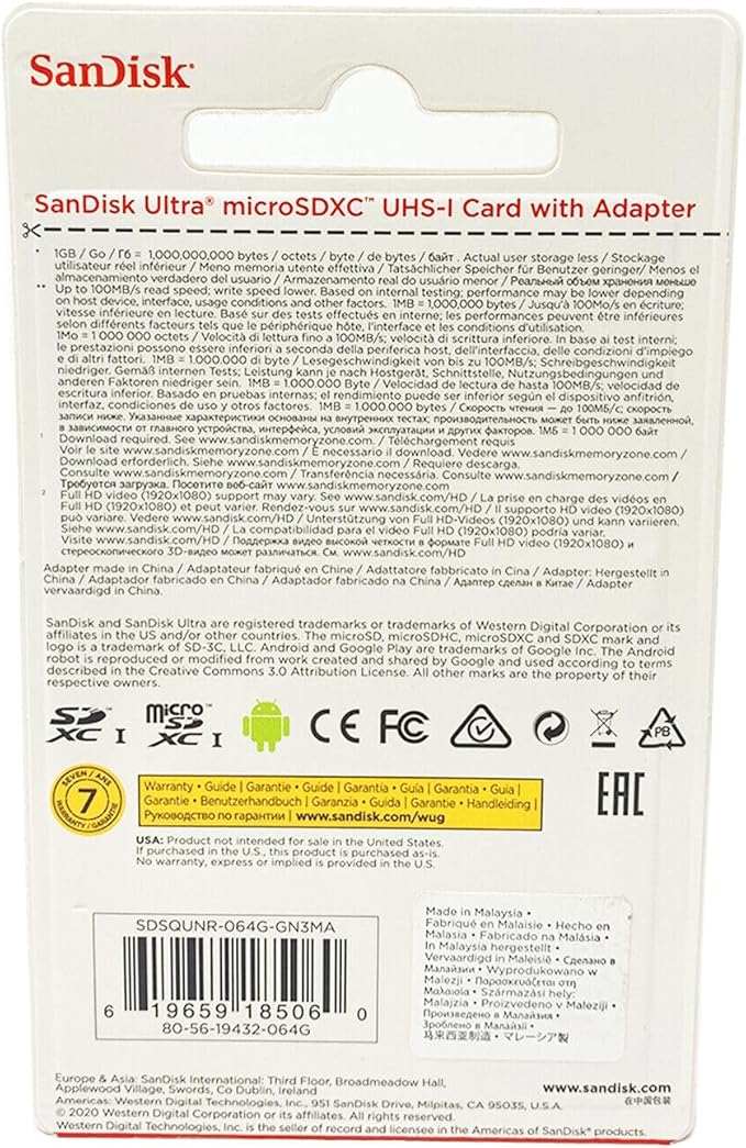 Sandisk Ultra 64GB Micro-SD + SD Adp. 100MB/s