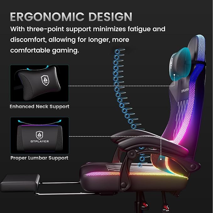 GTPLAYER RGB Gaming Chair with Footrest Massage LED Lights Lumbar Support - Ergonomic Computer Chair with Linkage Armrest Video Game Chairs PC Game Chairs for Adults