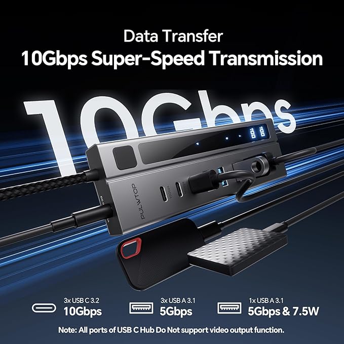 Powered USB C Hub 9-in-1 USB-Hub suppprt 10Gbps &amp PD 45W Max Charging(Not Support Video) USB Powered Hub with 3 USB-C 4 USB-A for Laptop MacBook iPad and More (72W Adapter Included)