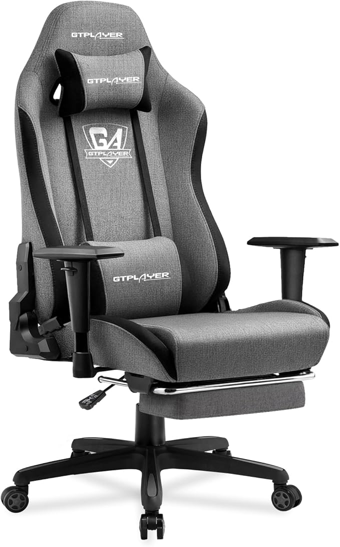 GTPLAYER Gaming Chair with Footrest Fabric Breathable Big and Tall Ergonomic Computer Chair 350 lbs with Adjustable Lumbar Support and Recliner High Back Game Chair for Office Gaming Grey