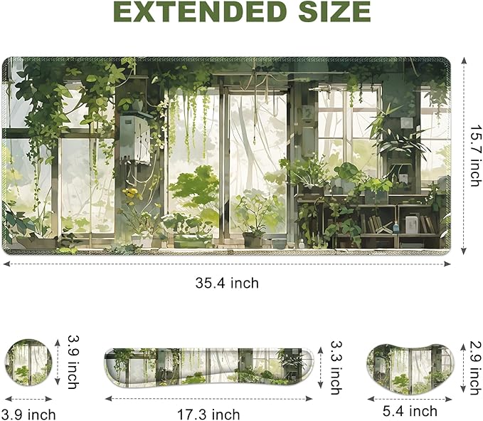Large Mouse Pad and Keyboard Wrist Rest Extended Mouse Pad with Wrist Support Ergonomic Non-Slip Desk Mat Desk Protector Blotter for Home Office Window Green Plants
