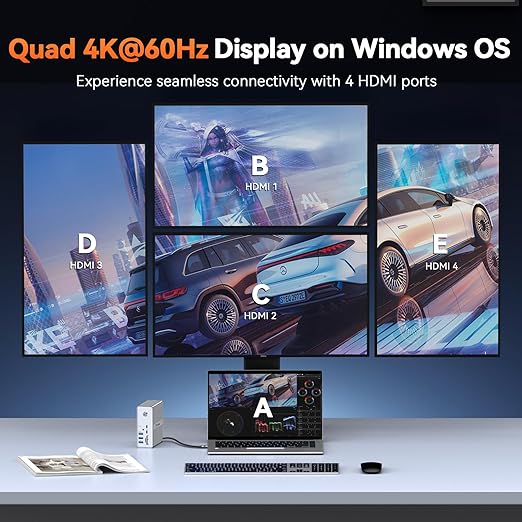 TobenONE DisplayLink Docking Station 4 Monitor with 4 HDMI 18-in-1 Quad/Triple 4K@60Hz Display Dock with 120W Power Supply for Thunderbolt 5/4/3 USB4 USB-C Windows MacBook(8 USB Ethernet etc)