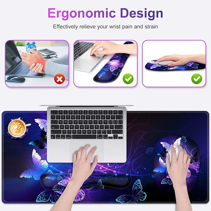 Large Mouse Pad with Wrist Support 4in1 Set XXL Game Mousepad + Keyboard Wrist Rest+Mouse Wrist Rest+Coaster with Ergonomic Design Gaming Mat for Home Office Table Computer I Purple Butterfly