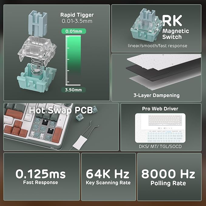 RK ROYAL KLUDGE C98 HE Mechanical Gaming Keyboard Hall Effect Magnetic Switch Hot Swappable 95% Wired RGB Keyboard Rapid Trigger Adjustable Actuation 8K Polling Rate Pro Web Driver for Mac &ampW