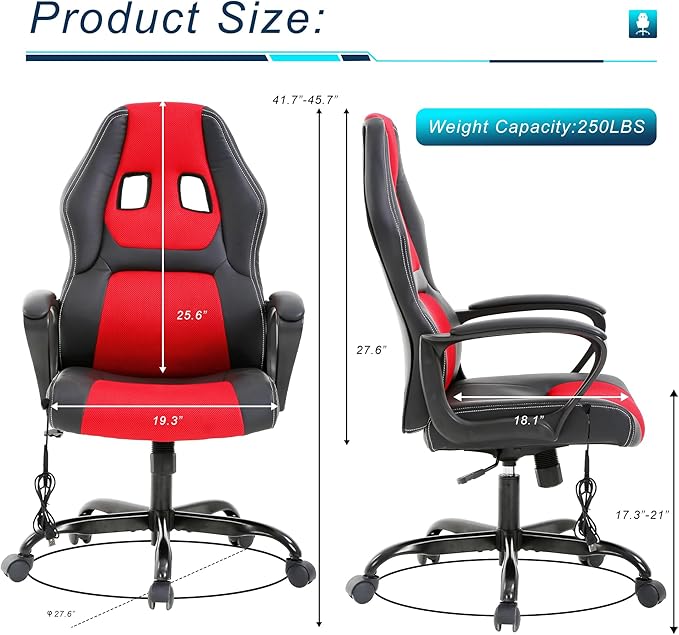 Silla Gamer Ergonomic Massage Gaming Chair - Leather Racing Style Comfortable for Adults &amp Kids - Red