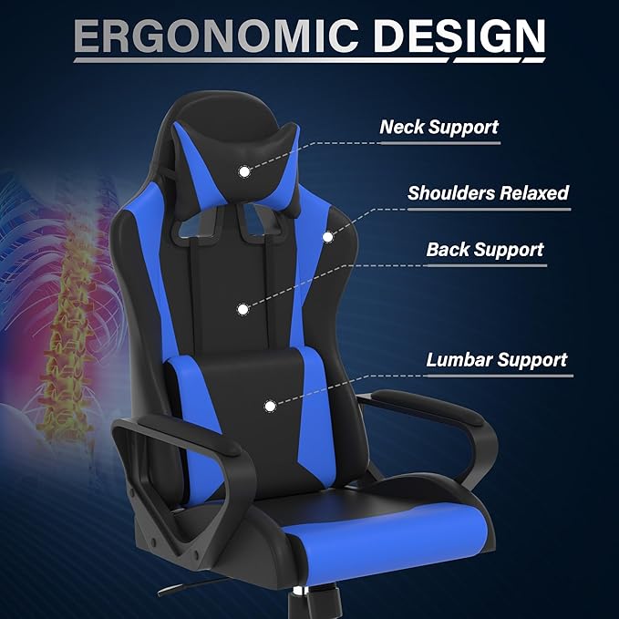 Gaming ChairSwivel Rolling Gaming Chair for AdultsErgonomic PC Gaming Chair BlueHeight Adjustable Computer ChairPU Leather Computer Chair with Headrest and Lumbar Support