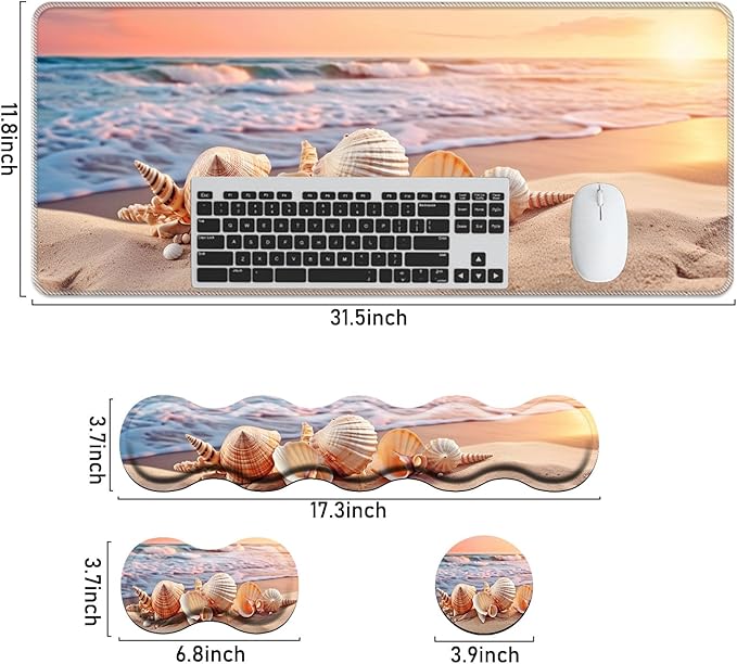 Keyboard Mouse Pad SetLarge Mouse Pad+Keyboard Wrist Rest+Wrist Support+Coaster31.5x11.8in Extended Desk Mat for Computer Laptop Office Home-Sandy Beach Shell