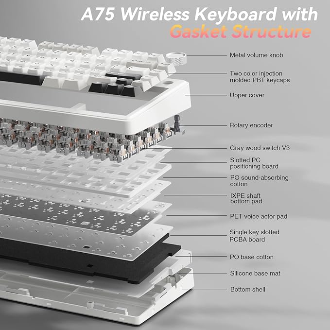SOLAKAKA A75 75% Wireless Mechanical Keyboard Hot Swappable Gaming Keyboard with Multifunction Knob &amp RGB Gasket Mounted Creamy Keyboard PBT Keycaps Compact Layout for Win/Mac/PC