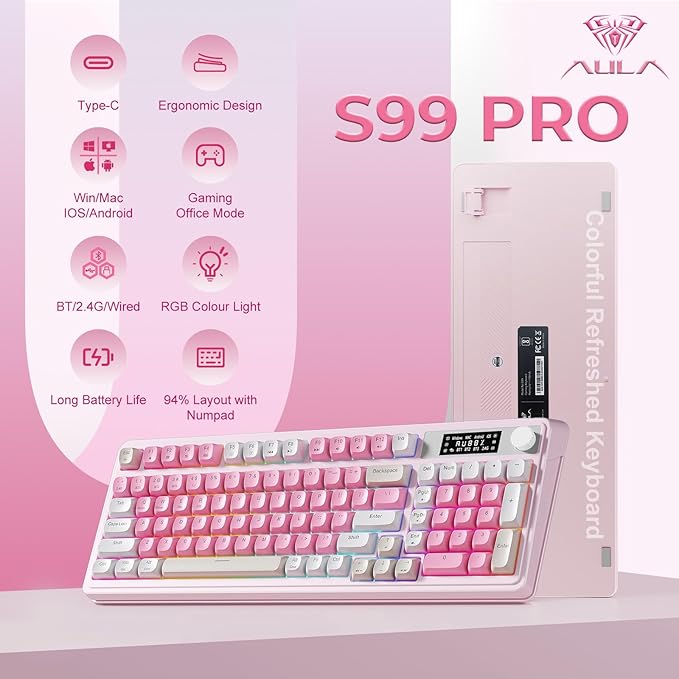 AULA S99pro Wireless Gaming Keyboard Tri-Mode Computer Keyboard with Number Pad RGB Backlit Media Knob Programmable Creamy Keyboard - Pink