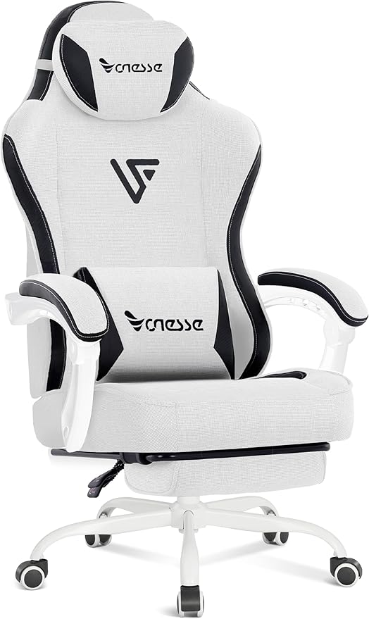 Vonesse Gaming Chair Computer Chair Fabric with Pocket Spring Cushion Office Chair with Footrest and Massage Lumbar Support Reclining Gaming Chairs for Adults 250LBS (Beige White)
