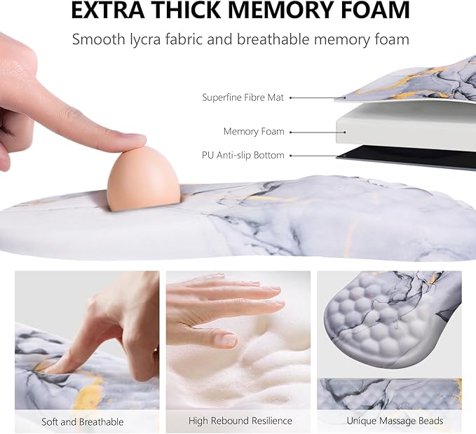 Mouse Pad Wrist Support Laokiiy 2 in1 Keyboard Wrist Rest+ Ergonomic Mouse Pad Non-Slip Wrist Rest for Computer Keyboard Made Easy Typing &amp Relieve Wrist Pain(White Gold Gray Marble)