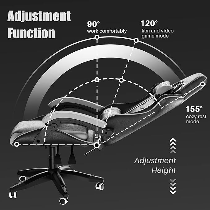 Bigzzia Gaming Chair Ergonomic Video Game Chairs with Pillow and Lumbar Support Racing Style Height Adjustable Computer Chair with 360°-Swivel Seat for Adults（White）