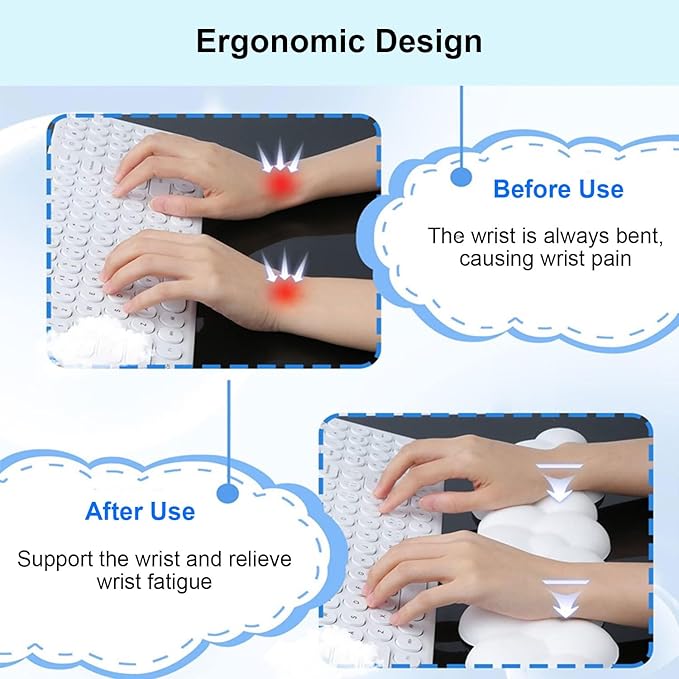 Cloud Keyboard Wrist Rest and Mouse Wrist Rest Kawaii Memory Foam Wrist Support Mouse Pad for Typing Pain Relief Cloud Palm Rest with Mousepad Non-Slip Base for Home Office Computer Laptop (White)