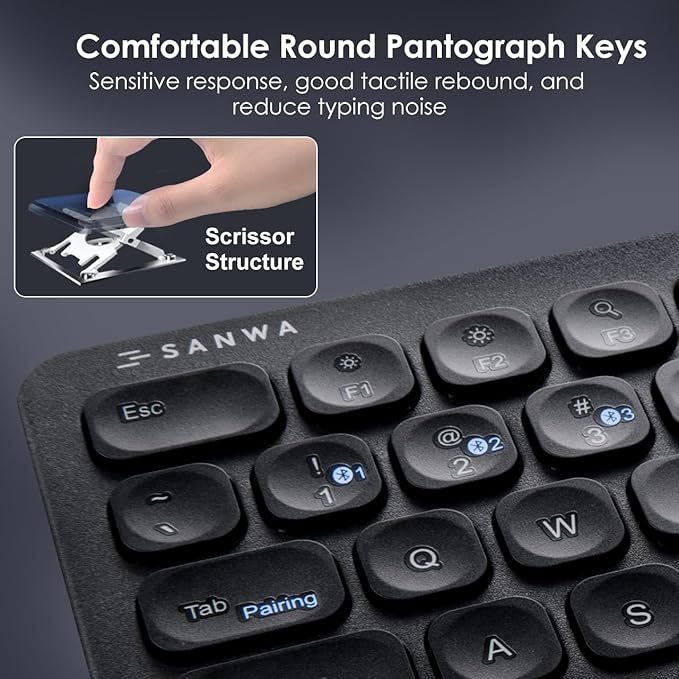 SANWA Multi Device Bluetooth Keyboard with Touchpad Rechargeable Keypad with Trackpad for Laptop Desktop Computer PC iPad/iPhone Tablet Compatible with MacBook Windows Android iOS Black