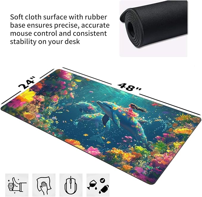 3XL Huge Ocean Mouse Pads Oversized 48x24 - Extra Large Gaming XXXL Mouse Pad for Full Desk - Whales Marine Life Mousepad with Stitched Edges Non-Slip Rubber Base Desk Mat